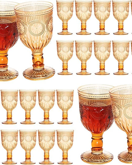 24 Pack Vintage Wine Glasses, Plastic Reusable 12 Ounce Colored Water Goblets, Unique Flower Embossed Pattern Unbreakable Stemmed Wine Glasses High Clear Wedding Party Bar Drinking Cups Amber