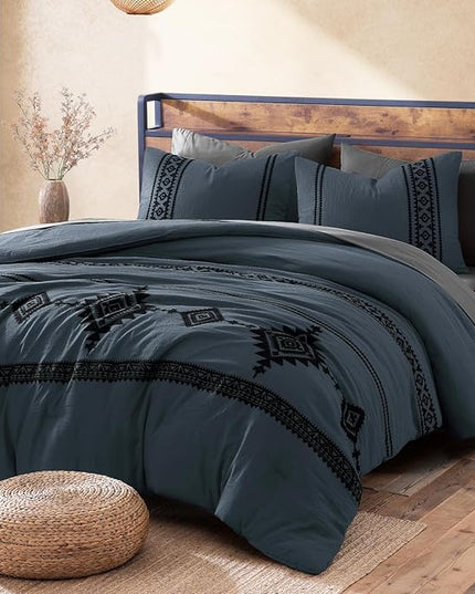 MaiRêve Embroidery Full Size Comforter Set Blue Grey, Farmhouse Western Boho Bedding Set 7 Pieces, All Season Bed in A Bag Comforter Set with Sheets, Pillowcases & Shams