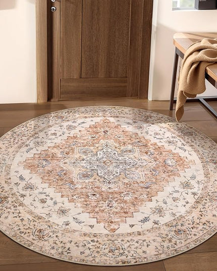 Ciicool Boho Area Rug 4x4ft Round Washable Bedroom Non-Slip Vintage Entryway Throw Rug Low-Pile Indoor Carpet for Living Room Foyer Rug(Vintage Cream/Brick)