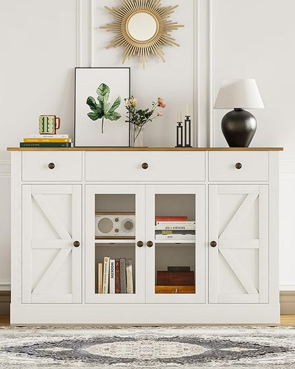 4 EVER WINNER 55" Buffet Cabinet with Storage, Farmhouse Coffee Bar Cabinet with Glass Doors and Drawers, Sideboard Cabinets with Adjustable Shelves for Living Room, Kitchen, White