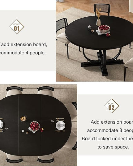 59" Round Extendable Dining Table for 4-6, Modern Oval Kitchen Table with Heavy Duty Curved Legs & Wood X-Based, MDF Board with Spring Buckle, Space Saving, Dining Kitchen Living Room, Black