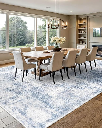 IOHOUZE Abstract Area Rugs 9x12 Ft Washable Large Rugs for Living Room, Non Slip Dining Room Rug, Printed Faux Wool Rugs for Bedroom, Floor Carpet for Office Nursery Playroom, Light Blue White