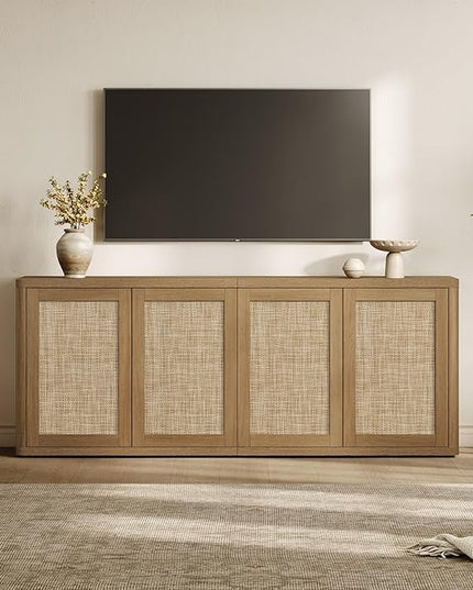 SICOTAS Rattan TV Stand for 65 70 inch TV - Large Entertainment Center TV Consoles for Living Room Bedroom, Farmhouse Television Stands with Storage Cabinet Boho Modular Media Console, Amber Oak