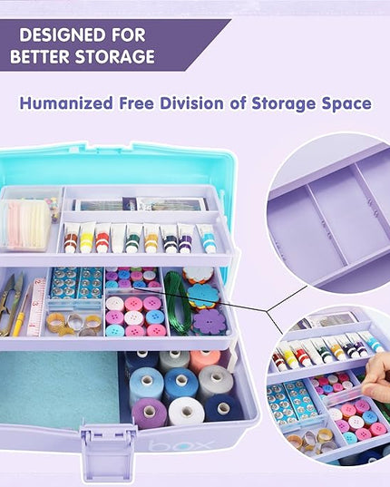 12in 3-Layer Plastic Craft Organizers and Storage, Portable Folding Tackle Box with Handle & Adjustable Dividers, Multipurpose Case for Sewing, Art Supplies, Medicine, Tools (Purple Blue)