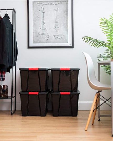 IRIS USA 72 QT Plastic Storage Box with Lid and Latches - 4 Pack - BPA-Free, Garage Organizing Solution, Durable Nestable Stackable Containers, Secure Pull Handle - Black