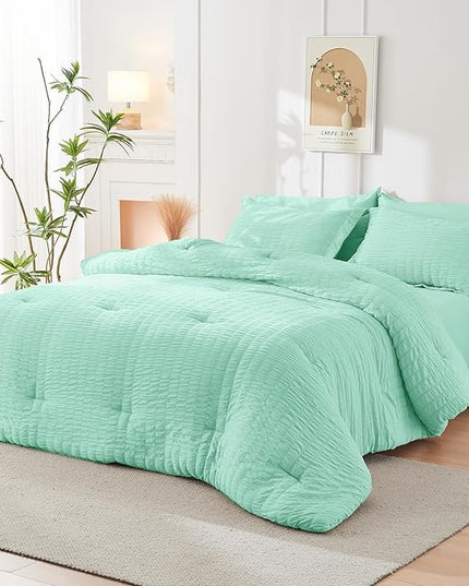 HYMOKEGE Mint Green California King Comforter Set Seersucker 7 Pieces, All Season Luxury Bed in a Bag for Bedroom, Bedding Set with Comforter, Sheets, Pillowcases & Shams
