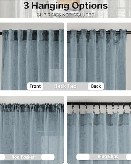 DUALIFE Dusty Blue Linen Semi Sheer Window Curtain 84 Inch Length Panels Drapes for Living Room Boho Rod Pocket Back Tab Long Curtains Set 2 for Farmhouse Decor Bedroom, 52 x 84