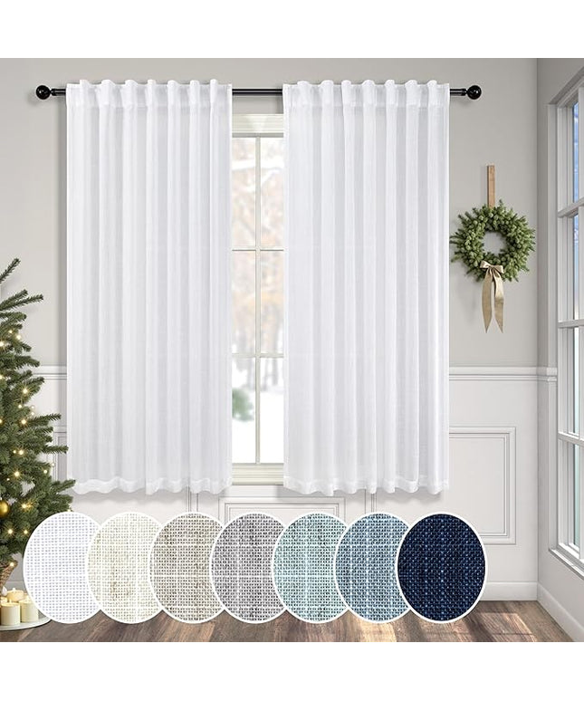 White Back Tab Curtains 45 Inch Length for Kitchen 2 Panels Set Pocket Light Reducing Semi Sheer Cotton Look Casual Woven Textured Short Cafe Tier Curtains for Bathroom Bedroom Dining Room 52x45 Long