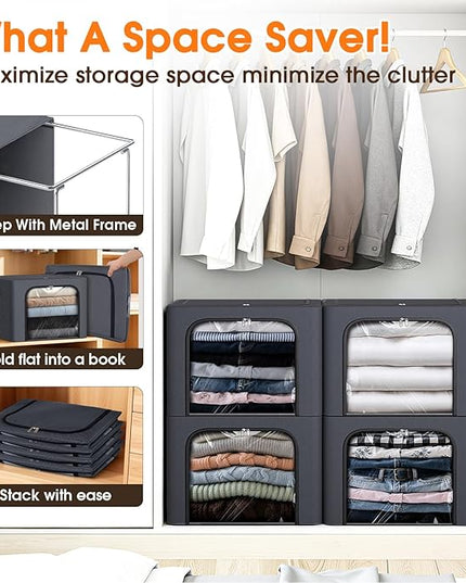 3 Pack Clothes Storage Bins with Metal Frame,40L Storage Bags Fabric Box Organizer with Clear Window,Zippers,Sturdy Handles(3 Pcs,Light Grey,40L)