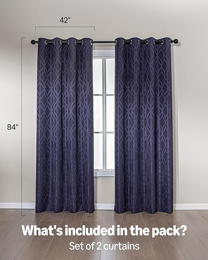 Amazon Basics Jacquard 2-Piece 100% Blackout Curtains, Living Room and Bedroom Drapes, Thermal Insulated Window Treatment, 42"x84", Dark Blue