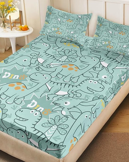 AILONEN Cartoon Dinosaur Fitted Sheet Set Twin XL Size, Kawaii Blue Dinosaur Printed Bedding Set for Kids,Boys,Cute Animal Bedsheets Set,3-Piece, 1 Fitted Sheet and 2 Pillowcases