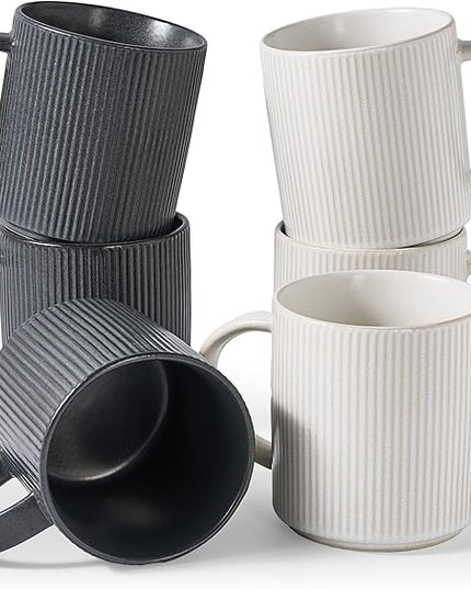 famiware Coffee Mug Set for 6, Star 16 oz Catering Mugs Cup Set with Handle for Coffee, Tea, Cocoa, Milk - Ceramic Stoneware Drinkware Set, Matte White + Matte Dark Charcoal