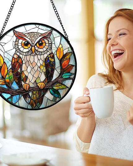 Stained Glass Window Hanging, Owl Colorful Leaves Birds Sun Catchers Diamond Glass Panel Hangings Suncatcher Decor for Birthday for Women, Men, Wife, Aunt, and Mom 14.9x14.9 in