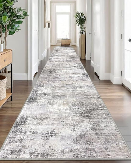 IOHOUZE Abstract Runner Rug 3x18 Ft Washable Runners for Hallways, Non Slip Kitchen Runner Printed Faux Wool Entryway Runner Indoor, Modern Abstract Floor Carpet for Hall Stair, Grey Beige