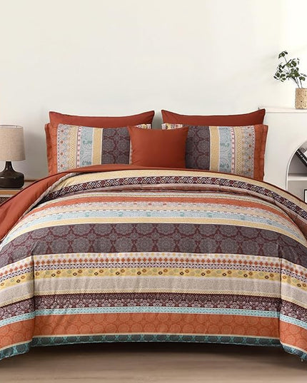 Cottolester Boho Comforter Set King Size,8 Pieces Red and Orange Bohemian Striped Bed in a Bag,Paisley Soft Microfiber Bedding Comforter Set