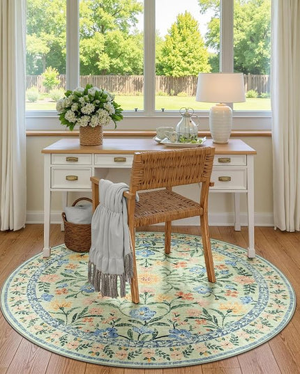 Wonnitar Washable Round Area Rug, 5ft Green Floral Round Rug Boho Soft Circle Carpet, Non Slip Low Pile Circle Accent Carpets for Kitchen Living Room Entryway Bedroom