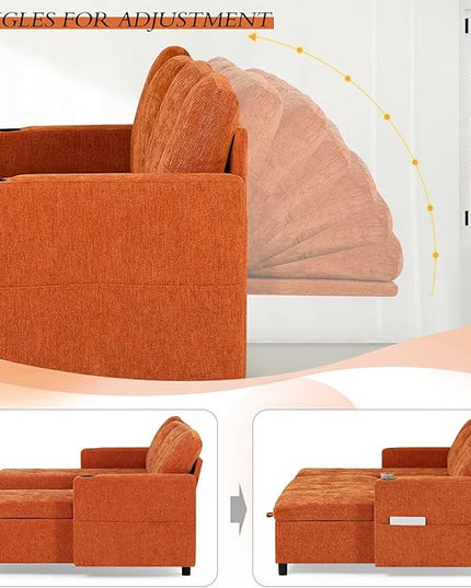 110" Sectional Pull Out Sofa Bed with Adjustable Backrests, U-Shaped Sleeper Sofa with USB Ports, Upholstered Reversible Couch with Cup Holder & Storage Space for Living Room, House, Orange