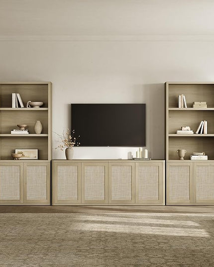 SICOTAS Rattan TV Stand for 65 70 inch TV - Large Entertainment Center TV Consoles for Living Room Bedroom, Farmhouse Television Stands with Storage Cabinet Boho Modular Media Console, Sand Oak