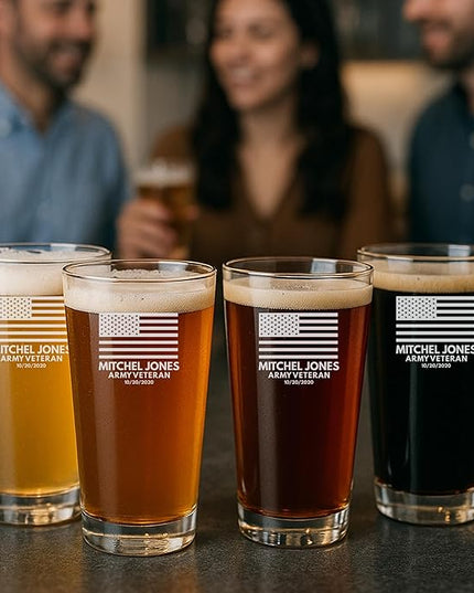 Custom Military Beer Glass Set - 4 Personalized 16 oz. Glasses for Army, Navy, Air Force & Coast Guard - Great for Active & Retired Service Members (BEER CAN)