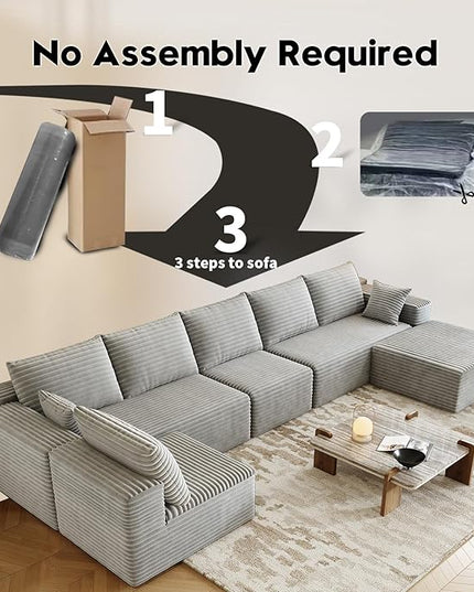 139.4" Modular Sectional Sofa, U-Shaped Minimalist Couches with Ottoman and Middle Seat, Modern Deep Seat Convertible Sleeper Sofa Bed, Reversible Chaise, Cloud Plush Corduroy Fabric,6 Seater, Grey