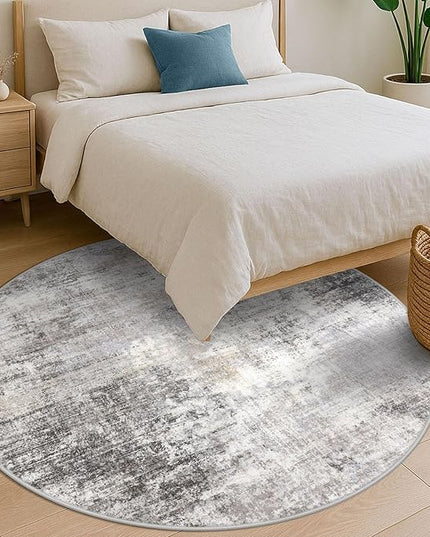 IOHOUZE Abstract Round Area Rug 6 Ft Washable Circle Rugs Large Round Rug Non Slip Thin Soft Circle Rugs, Printed Faux Wool Floor Carpet for Bedroom Living Room Dining Room Nursery, Grey Beige