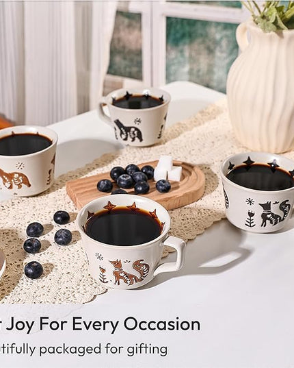 Ceramic Coffee Mug, 12 oz Novelty Unique Teacup with Handle, Stoneware Cup for Tea Mocha Latte Cappuccino Espresso (Set of 4, Fox and Bear)