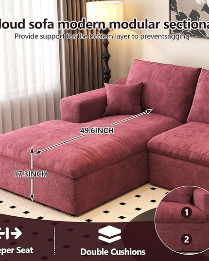 136.6'' U-Shaped Modern Modular Sectional Cloud Couch Whit Ottoman, 4-Seat Chenille Deep-Seat Sofa with Pillow for Living Room, Bedroom, Apartment, Wine Red