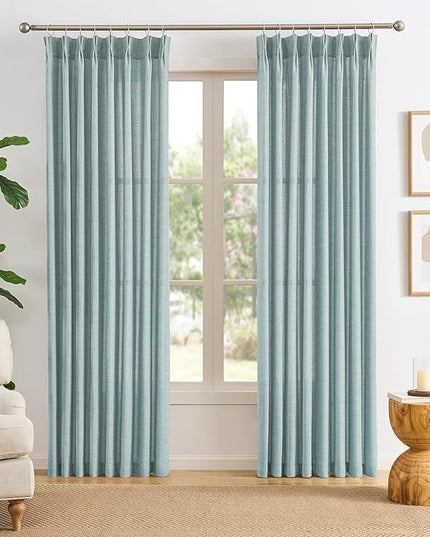 Light Blue Linen Pinch Pleat Curtains 100 Inches Long 50 Wide Per Panel Pleated Semi Sheer Textured Drapes Hooks Back Tab Coastal Modern Light Filtering Curtain 2 Panels Set