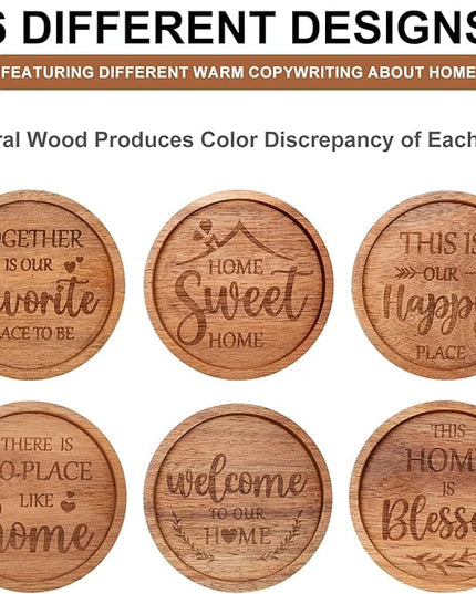 Best House Warming Gifts Acacia Wooden Coasters for Drinks Coffee Table Coaster Set of 6 Pack Farmhouse Decorations Family New Home Housewarming Decor Cute Cup Wood Coasters with Holder