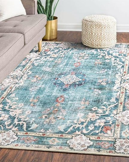 MUJOO 5'x7' Area Rugs Teal Machine Washable Rugs Living Room Rugs Boho Rug for Bedroom Laundry Room Kitchen Non Slip Carpet Abstract Soft Low-Pile Blue Floral