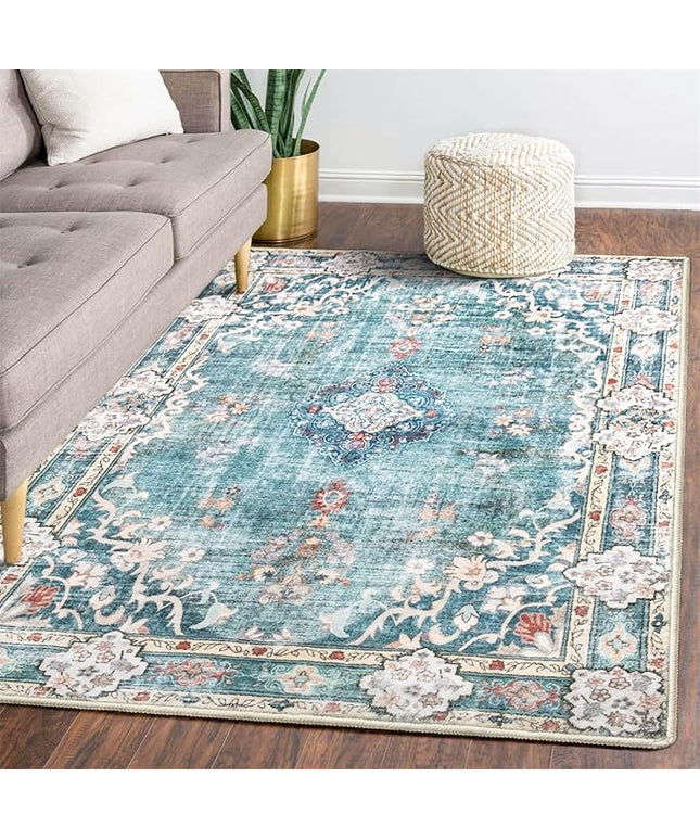 MUJOO 5'x7' Area Rugs Teal Machine Washable Rugs Living Room Rugs Boho Rug for Bedroom Laundry Room Kitchen Non Slip Carpet Abstract Soft Low-Pile Blue Floral