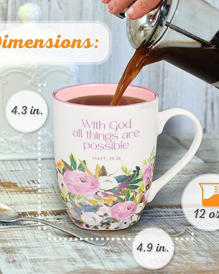 Christian Art Gifts Inspirational Ceramic Coffee & Tea Scripture Mug for Women: All Things are Possible Encouraging Bible Verse, Cute Microwave & Dishwasher Safe Drinkware, White & Pink Floral, 12 oz.