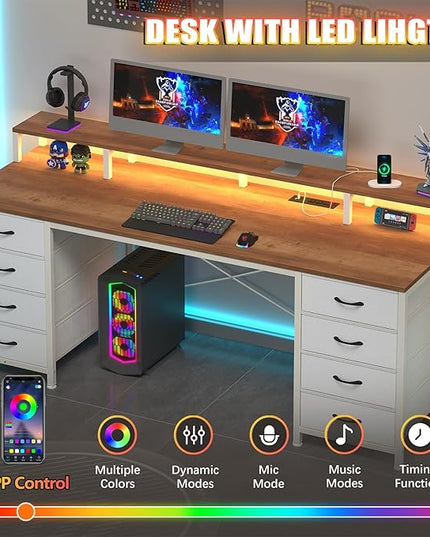 60 Inch Computer Desk with 8 Fabric Drawers, Gaming Desk with LED Lights & Power Outlets, Home Office Desk with Monitor Stand, Brown and White