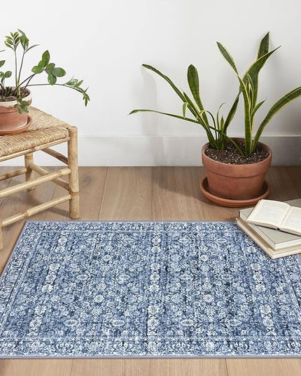 2x3 Washable Rugs for Entrance, Blue Soft Distressed Floral Area Rug, Non-Slip Low-Pile Doormat for Entryway, Dorm, Bedside, Foyer, Indoor Door Mat