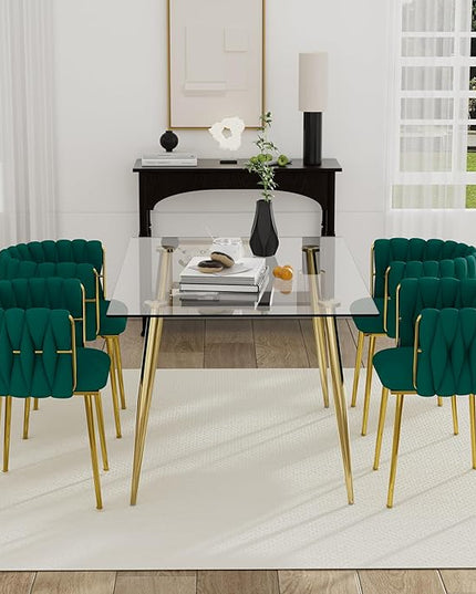 Golden Glass Dining Table Set for 4, 5 PCS Clear Glass Top Dining Room Table Set, 51'' Modern Luxury Rectangular Kitchen Table Set with Green Woven Chair, for Home Small Apartment