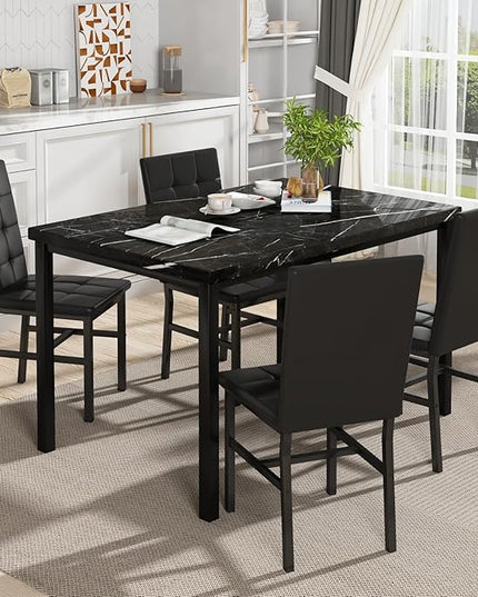 Hooseng Kitchen Table Set 5 Piece Dining Room Table Set Marble Dining Table 4 Chair Dining Table Set for Kitchen Living Room Breakfast Small Spaces (Black)