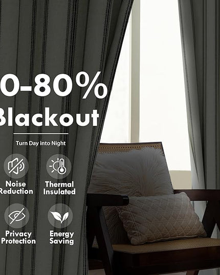 DriftAway Farmhouse Linen Blend Blackout Curtains 84 Inches Long for Bedroom Vertical Striped Printed Linen Curtains Thermal Insulated Lined Treatments for Living Room 2 Panels W52 x L84 Linen Black