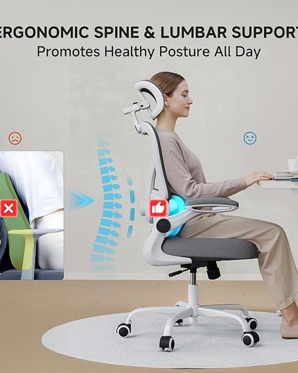 Ergonomic Office Chair with Adjustable Lumbar Support & Headrest, 330 LBS High Back Mesh Chair with Flip-up Armrests for Long Hours, Home Office Desk Chair, White and Gray