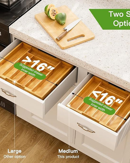 Pipishell Bamboo Expandable Drawer Organizer for Utensils Holder, Adjustable Cutlery Tray, Wood Drawer Dividers Organizer for Silverware, Flatware, Knives in Kitchen, Bedroom, Living Room(M-N)