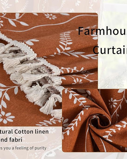 Boho Terracotta Curtains for Living Room 63 Inches Semi Sheer Linen Floral Curtains Vintage Farmhouse Window Drapes 1 Panel Sets for Dining Room Kitchen Rust Colored