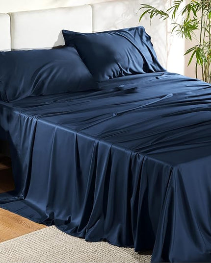 Bedsure King Size Sheets Set, Cooling Sheets for Hot Sleepers, Rayon Derived from Bamboo, Breathable & Soft, Deep Pocket Up to 16 Inches, Hotel Luxury Silky Bedding, Navy