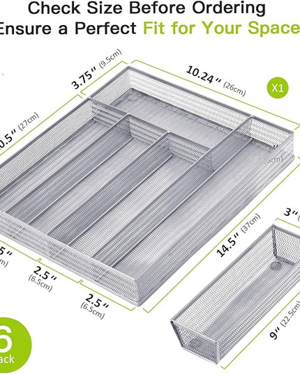 Neudeco Drawer Organizer Set 6 Pack - 5-Compartment Silverware Organizer Tray + 5 Utensil Trays, Kitchen Drawer Organizer for Flatware, Cutlery, Office Supplies, Silver Mesh, Non-Slip