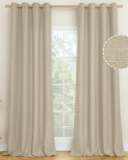 LAMIT Natural Linen Thermal Curtains for Living Room, 108 inches Grommet Thick Light Reducing Curtains Light Filtering Window Panels for Bedroom/Farmhouse, Set of 2 Panels, W52 x L108, Camel