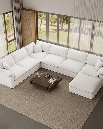253" Oversized Cloud Modular Sectional Sofa,7 Seat Down Filled Sofa,Comfy Deep Seat Couch with Reversible Chaise & Cushions,Couch Cover Washable and Replaceable,White