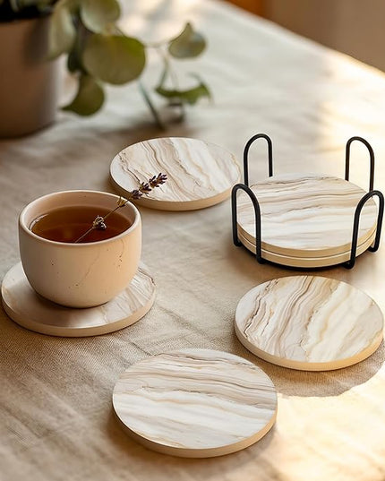 VEYRO Coasters Set of 6 for Drinks – Absorbent Ceramic Stone Drink Coasters with Cork Backing for Coffee Table & Desk, Modern Marble Look Cup Coaster Set, Housewarming Gift for New Home