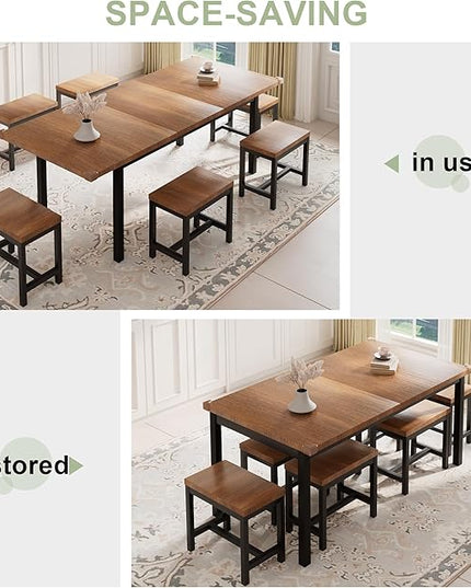 Feonase 7-Piece Dining Table Set with 6 Stools, 63" Large Extendable Kitchen Table Set for 4-8, Mid-Century Dining Room Table with Heavy-Duty Frame & MDF Board, Easy Assembly, Walnut