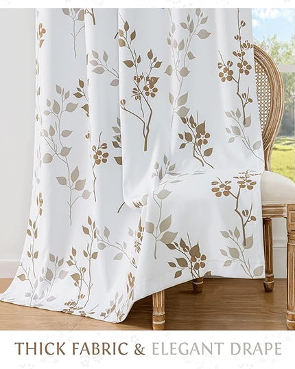 Beauoop Floral 100% Blackout Curtains 72 Inches Long 2 Panels for Bedroom Living Room Tan Brown and White Flower Patterned Room Darkening Thermal Soundproof Grommet Window Treatments Drapes, 52X72