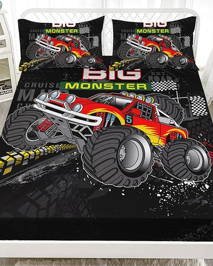 AILONEN Truck Fitted Sheet Twin Size, Monster Trucks Bedding Set for Kids Boys,Offroad Automobile Extreme Sport Theme Bed Sheet Set,3 Pieces,Soft Breathable Fitted Sheet and 2 Pillowcases