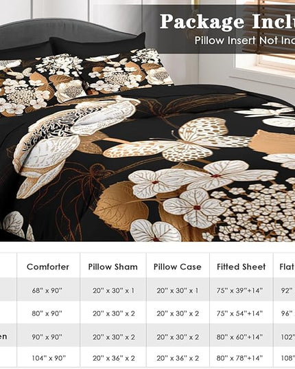 Comforter Set Full Size, Hydrangea Butterfly Flower 7 Pcs Bedding for Kids and Adults, Black Gold Bed Sheet Sets with Fitted Sheet 2 Pillowcase & 2 Sham for Bedroom Bed Decor
