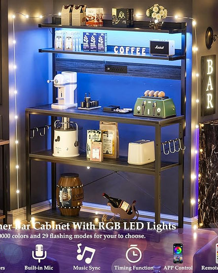 Aheaplus Bakers Rack with Power Outlet, Microwave Stand, 5 Tiers Coffee Bar Station with Led Lights, Kitchen Storage Shelf with 6 S-Shaped Hooks, Kitchen Rack Coffee Bar Stand, Grey Oak